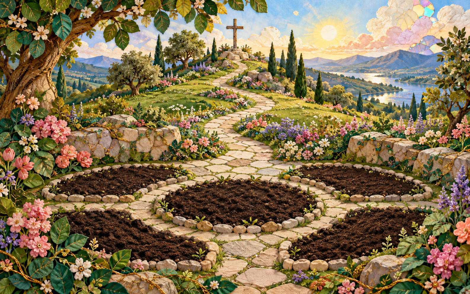 Painted flower garden with a winding path leading to a cross on a hill